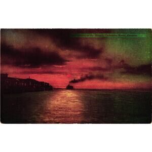 Vintage Columbia River Oregon‎ Postcard Sunset Scene with Steamboat View